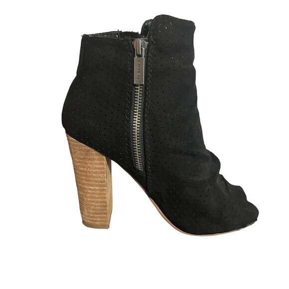Express Shoes Black Perforated Double Zip Peep Toe Faux Suede Heels 7 - Picture 2 of 12